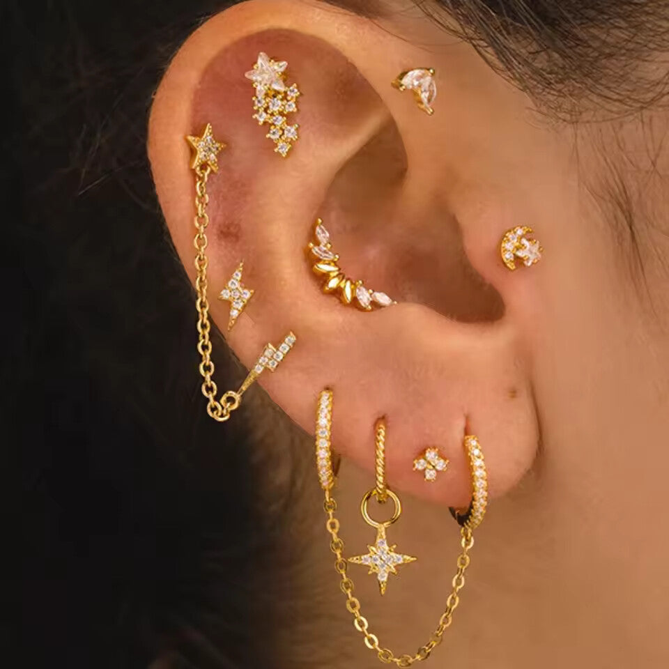Aide 925 Sterling Silver Geometric Zircon Stud Earrings – Elegant Multi Piercing Jewelry