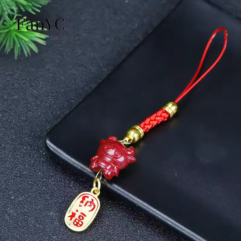Natural Cinnabar 12 Zodiac Phone Charm – Handwoven Beaded Rope Pendant
