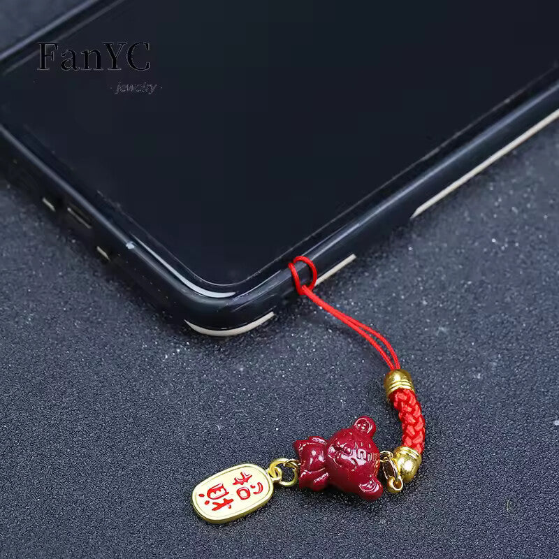 Natural Cinnabar 12 Zodiac Phone Charm – Handwoven Beaded Rope Pendant