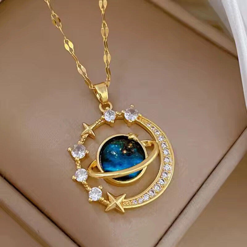 Yelow Titanium Steel Star & Planet Necklace for Women – Astronaut Pendant