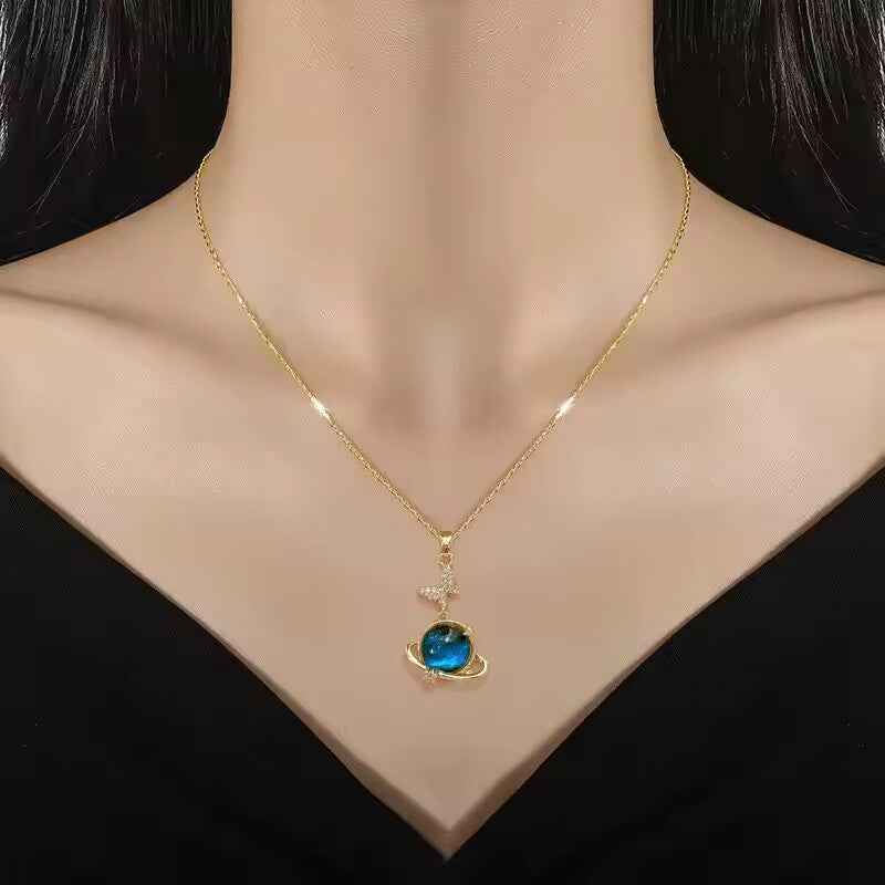 Yelow Titanium Steel Star & Planet Necklace for Women – Astronaut Pendant