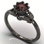 Load image into Gallery viewer, LATS Black Rose Flower Ring with Red Stone – 14K Yelow Plated Cocktail Ring
