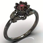 Load image into Gallery viewer, LATS Black Rose Flower Ring with Red Stone – 14K Yelow Plated Cocktail Ring