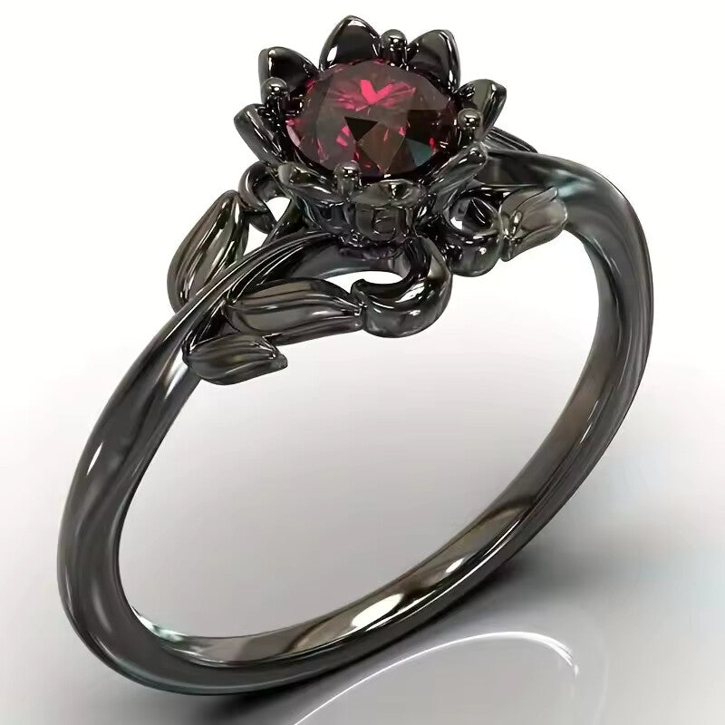 LATS Black Rose Flower Ring with Red Stone – 14K Yelow Plated Cocktail Ring