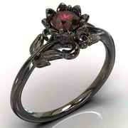 LATS Black Rose Flower Ring with Red Stone – 14K Yelow Plated Cocktail Ring