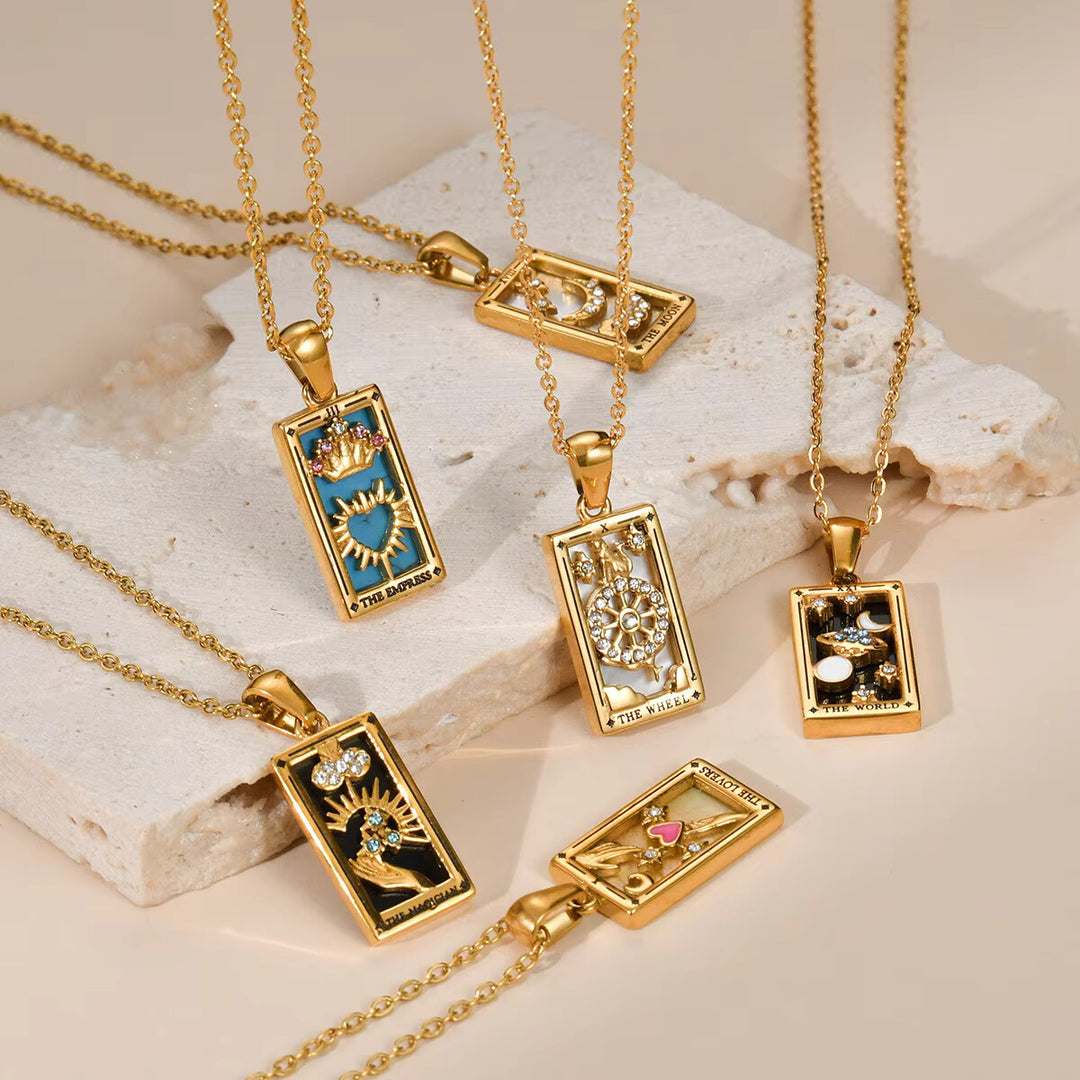 YILUOCD Zirconia Tarot Card Necklace – Yelow Plated Stainless Steel Amulet