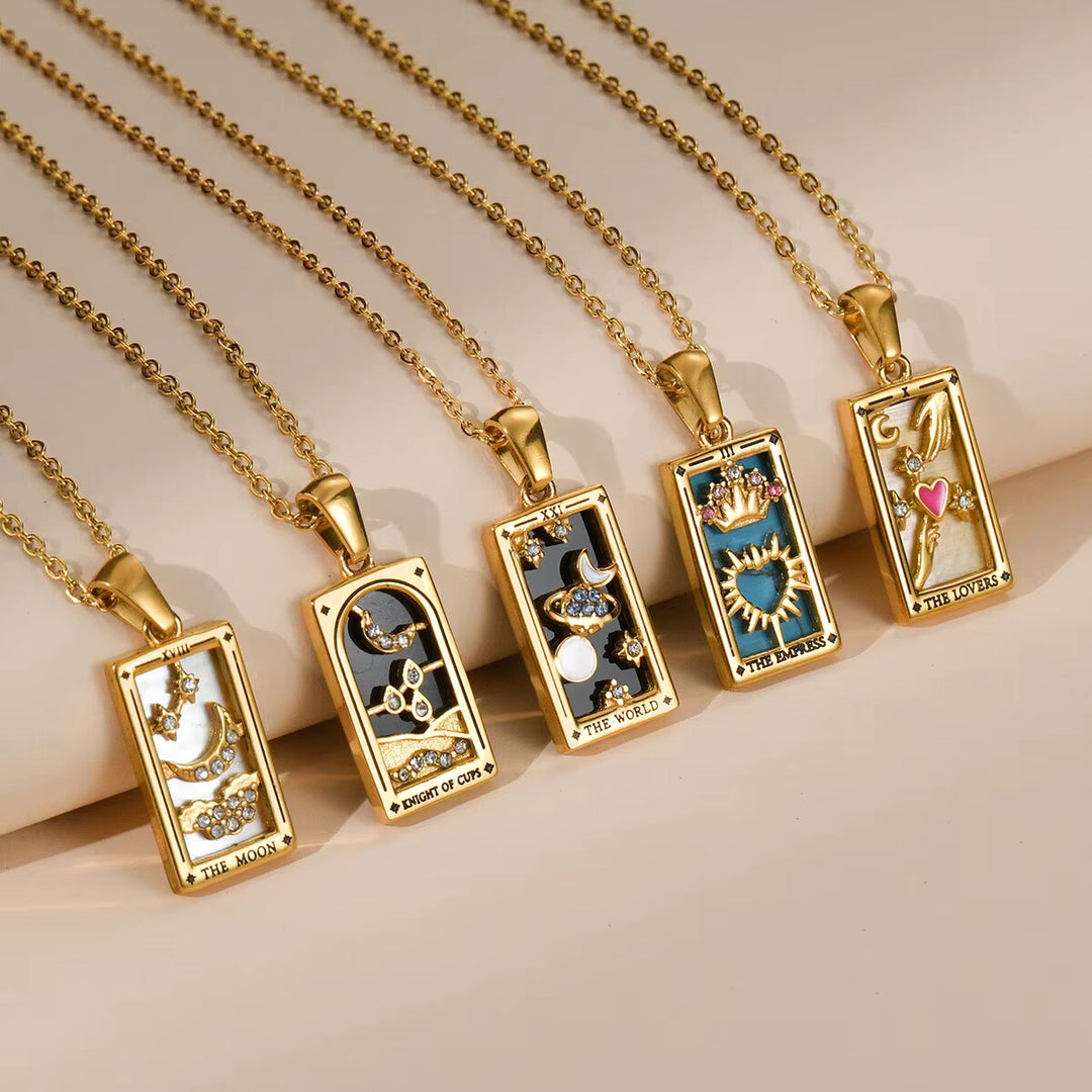 YILUOCD Zirconia Tarot Card Necklace – Yelow Plated Stainless Steel Amulet