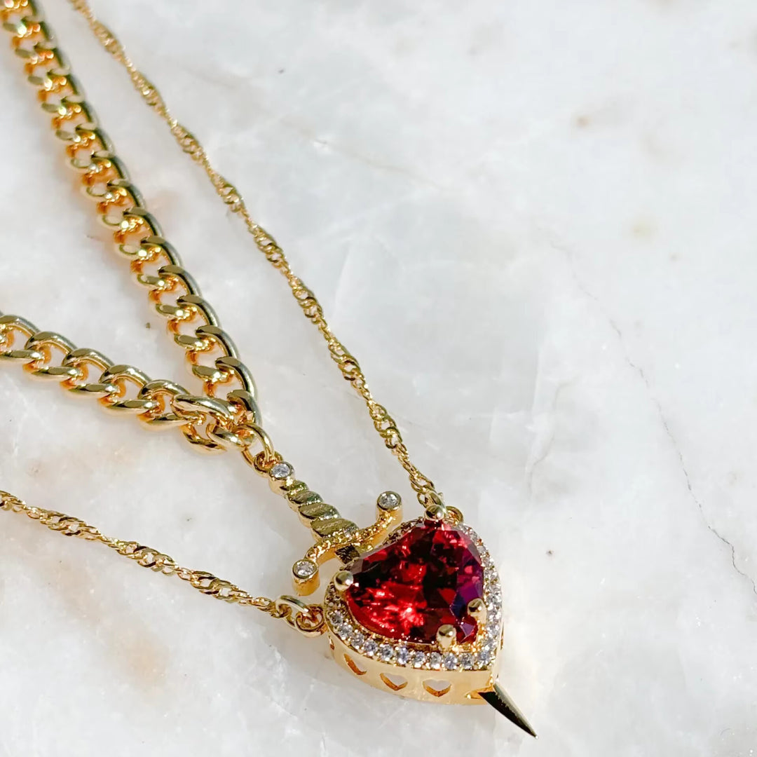 LATS 2PCS Heart & Sword Zircon Pendant Necklace Set – Silver/Yelow Plated Couple Chain