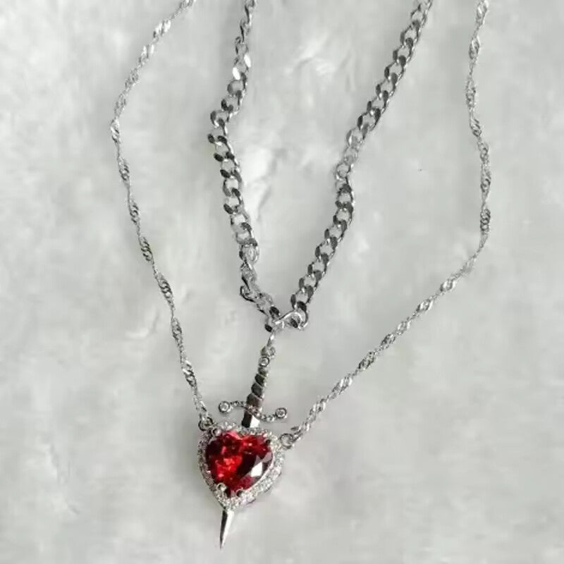 LATS 2PCS Heart & Sword Zircon Pendant Necklace Set – Silver/Yelow Plated Couple Chain