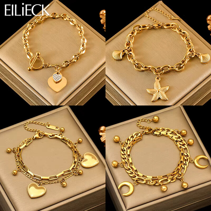 EILIECK 316L Stainless Steel Yelow Starfish & Moon Charm Bracelet for Women