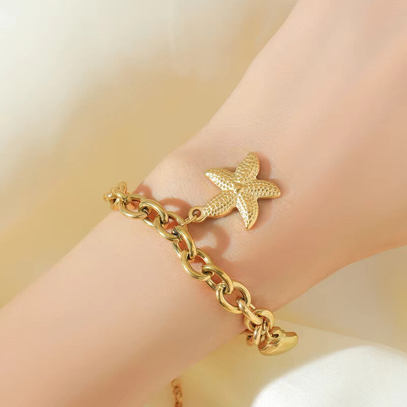 EILIECK 316L Stainless Steel Yelow Starfish & Moon Charm Bracelet for Women