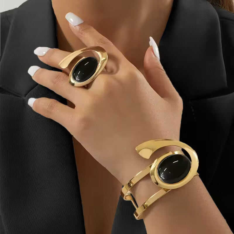 Exaggerated Pearl Spiral Bracelet & Ring Set for Women – Geometric Party Jewelry