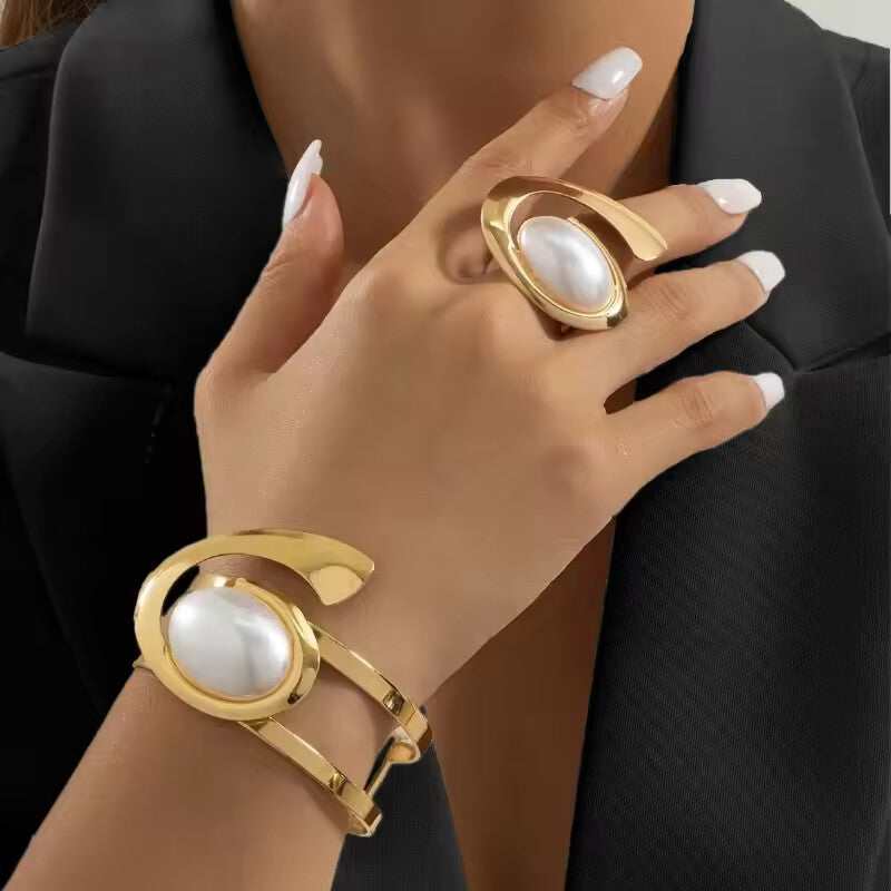Exaggerated Pearl Spiral Bracelet & Ring Set for Women – Geometric Party Jewelry