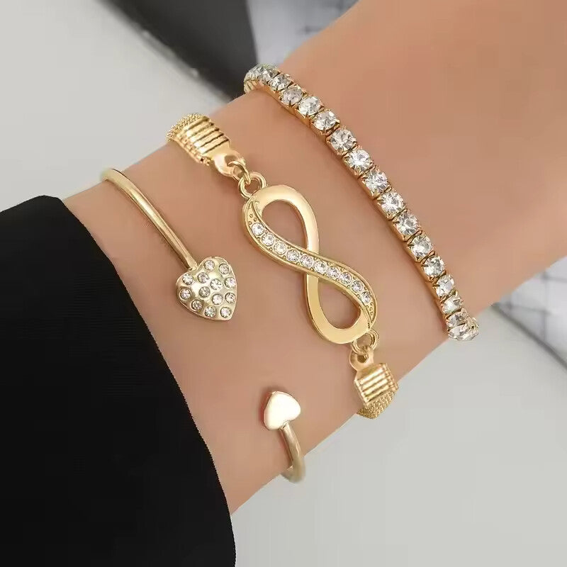 3Pcs Vintage Crystal Heart Bracelet Set – Adjustable Infinity Cuff Bangles for Women